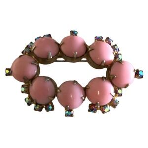 Vintage Pink Art Glass AB Rhinestone Brooch Gold Tone Oval Pin 2.25 X 1.5in